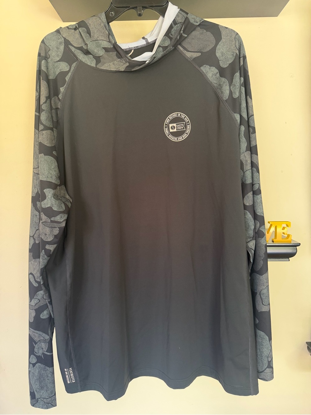 Salty Crew Black Hooded Performance Top with Gray Camo Accents